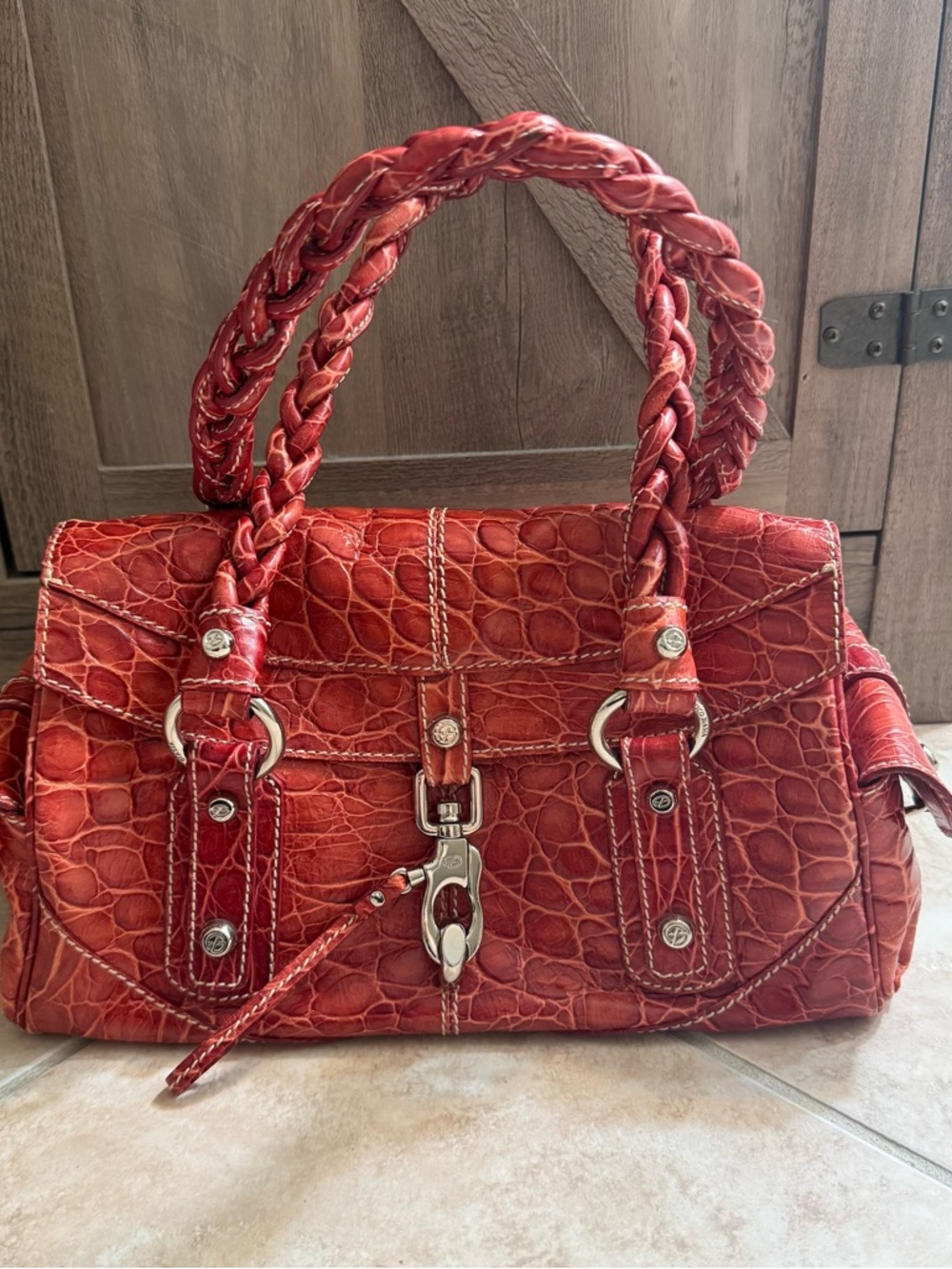 Francesco Biasia Red Braided-Handle Women’s Satchel Bag